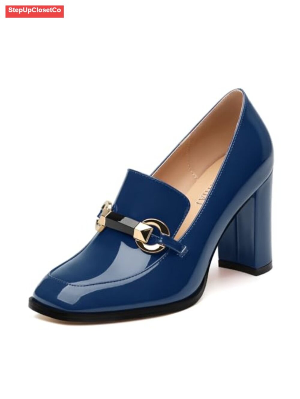 Women's Chunky Block Heels Patent Slip On Square Toe Pumps Work Dress Shoes